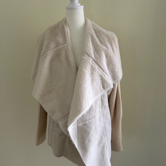 Hazel Cardigan Open Womens Beige/Cream Suede Faux Fur Sweater Size XL Mixed Knit - Picture 1 of 8